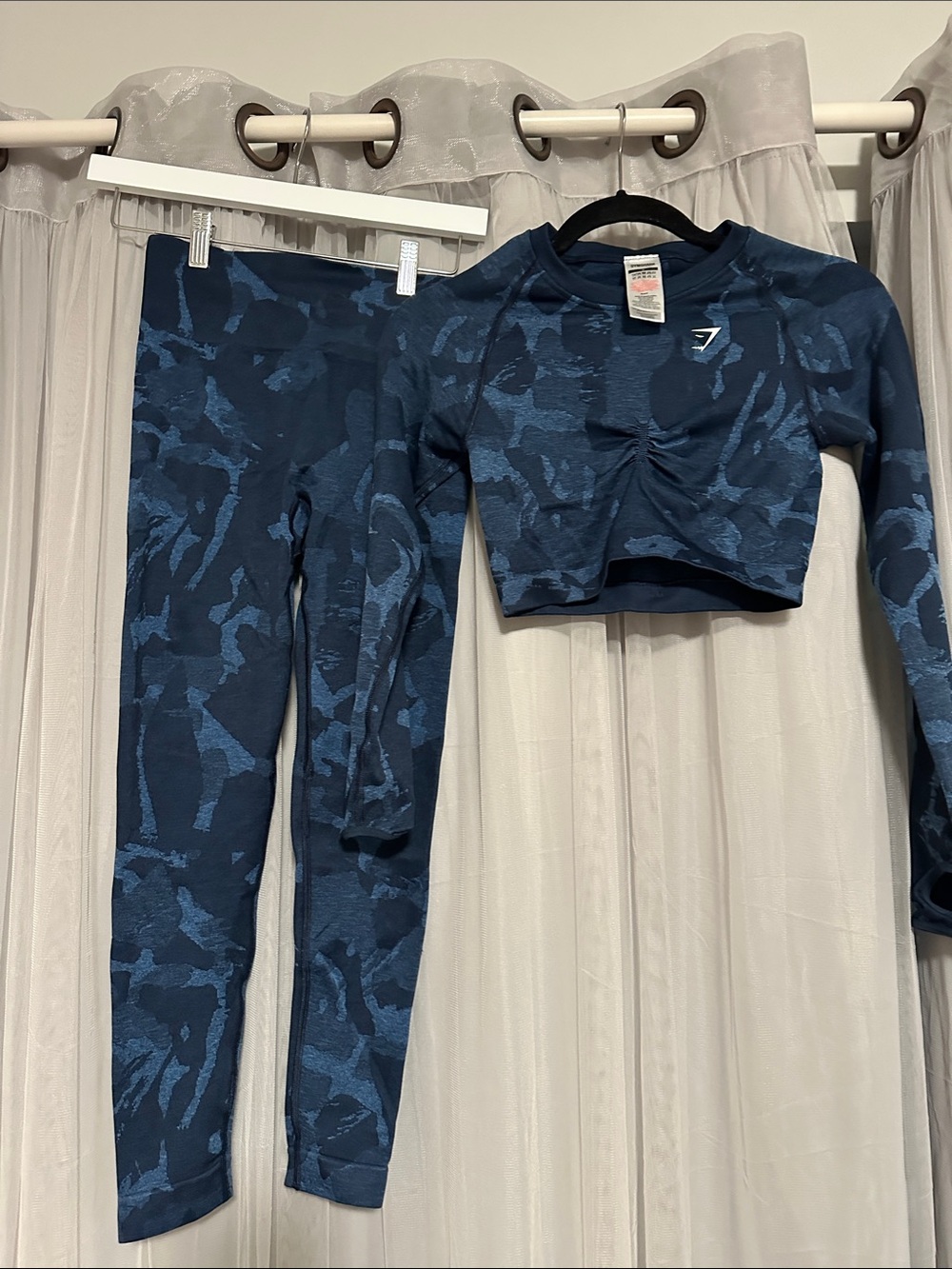 Gymshark Navy & Light Blue Camo Long-Sleeve Crop Top and Leggings Set